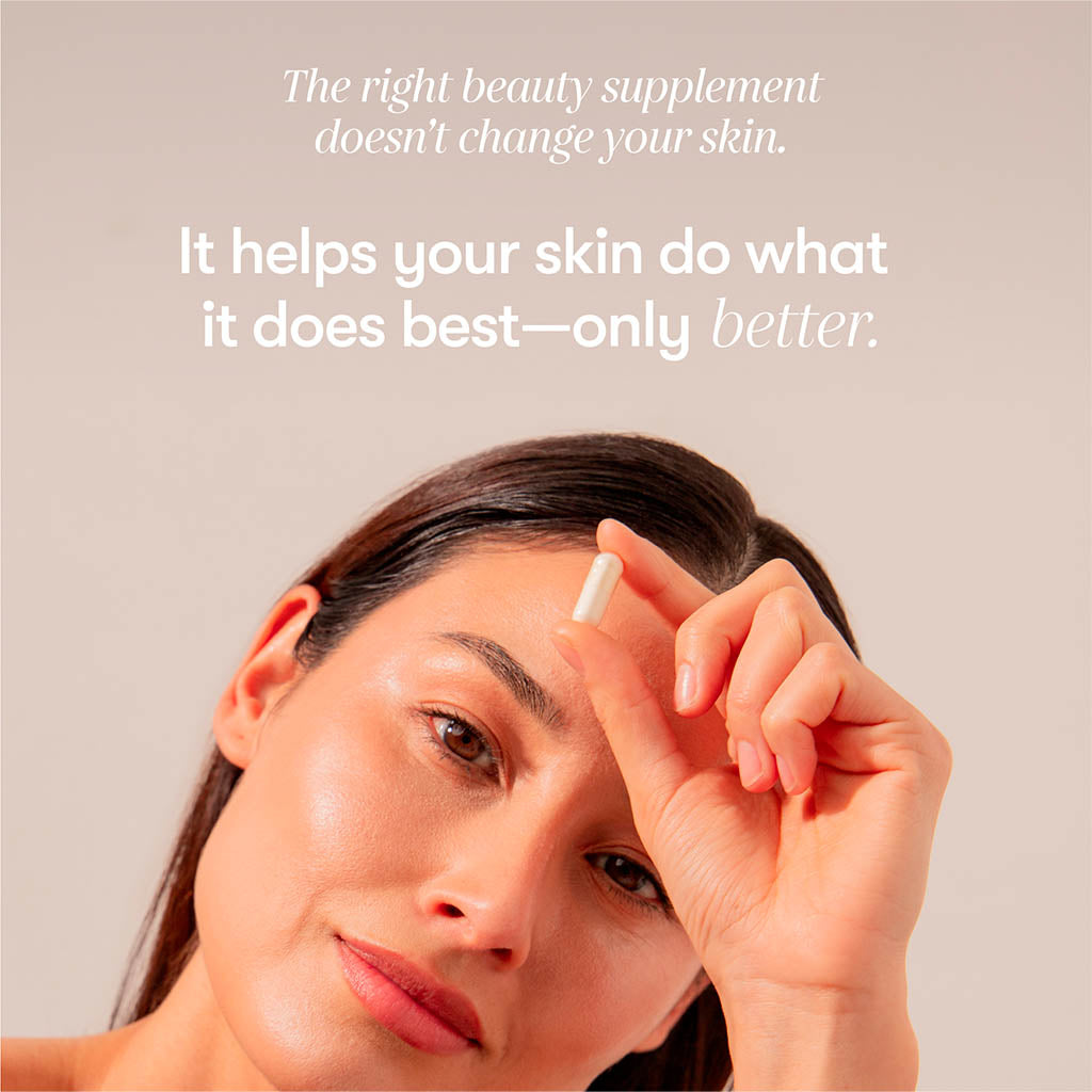 A woman holds a white capsule near her face. Text above her reads: us.drowsysleepco Supplements - Beauty help boost collagen production, supporting your skin’s natural glow for a youthful, radiant complexion.