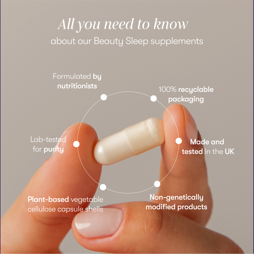 A hand holds a white capsule. Text highlights features of us.drowsysleepco Supplements - Beauty Sleep Clinic: nutritionist-formulated, lab-tested for purity, plant-based capsule, recyclable packaging, non-GMO, and made in the UK.