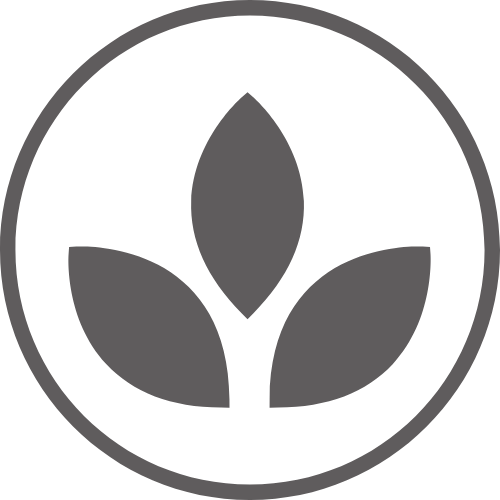 A dark gray circle containing three stylized leaf shapes, with one leaf pointed upward and two leaves angled downward, forming a simple, symmetrical plant icon.