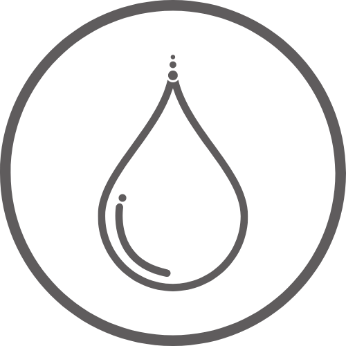 A simple black droplet icon is enclosed within a black circle, all set against a transparent background. The droplet also features a small curved line and two dots inside, suggesting a reflective shine.