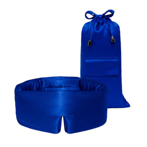 The drowsysleepco Royal Blue Sleep Mask + Pouch, both featuring a smooth, shiny finish, are displayed together—the luxurious blue sleep mask is placed in front of its matching satin drawstring pouch.
