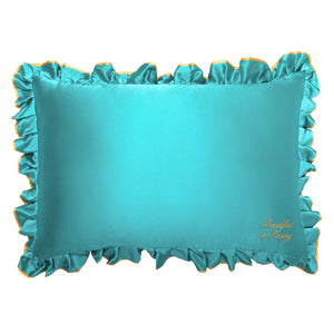 The drowsysleepco Breakfast at Drowsy - Turquoise Pillowcase is a rectangular teal satin cover with ruffled edges, gold trim, and "Breakfast at Drowsy" embroidery. It's hair protecting, anti sleep crease, shown on a white background.