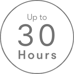 A grey circle with the text Up to 30 Hours inside, indicating a duration or battery life of up to 30 hours.