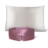The drowsysleepco Perfect Skin Bundle Pink Damask Rose, featuring a white pillow and pink silk sleep mask embroidered with “Drowsy,” is elegantly displayed side by side on a plain white background for restful nights.