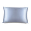 The Blue Belle Silk Pillowcase by us.drowsysleepco is shown on a white background. Its light blue silk fabric helps protect hair and supports your skincare and beauty routine. Brand logo appears in small letters on the lower left corner.