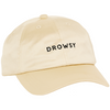 A beige baseball cap with the word DROWSY embroidered in black letters on the front.