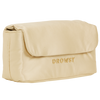 A light beige, rectangular pouch with a flap closure and the word DROWSY embroidered on the front in matching thread.
