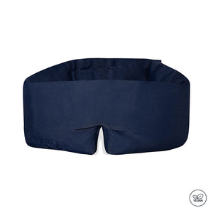 The drowsysleepco Midnight Blue - Vegan Silk Sleep Mask features a thick, cushioned design with full blackout coverage and a small vegan certification icon in the corner.