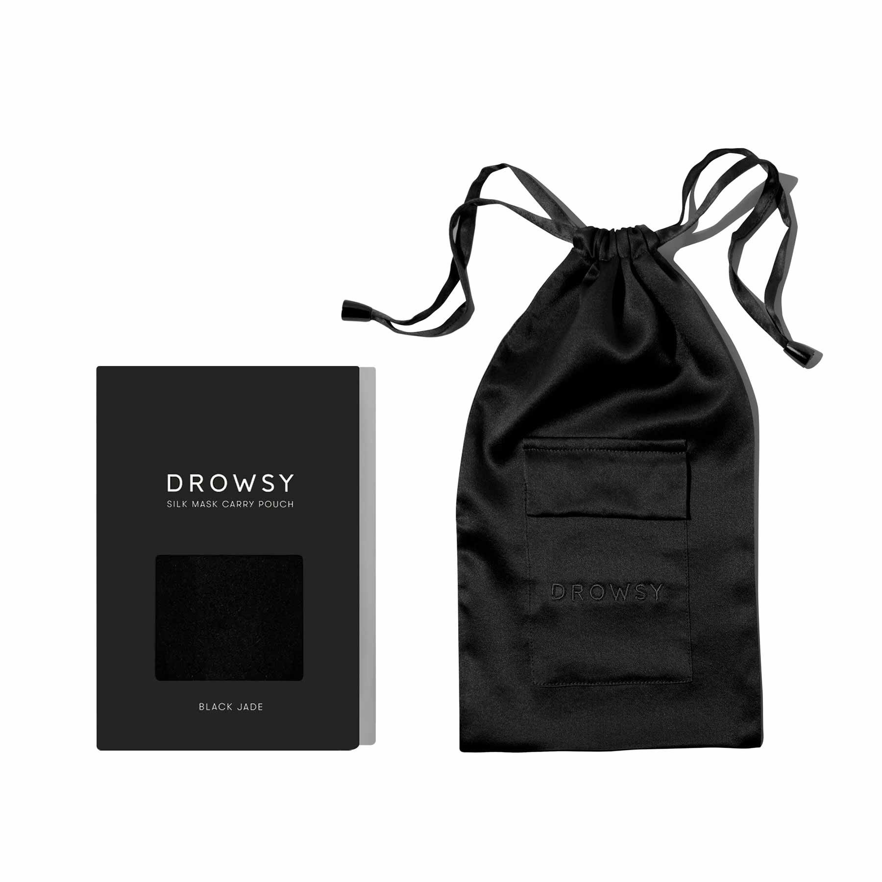 A black Drowsysleepco silk mask carry pouch with drawstring sits beside its matching box, both part of the Sensual Sleep Bundle - Black Jade.