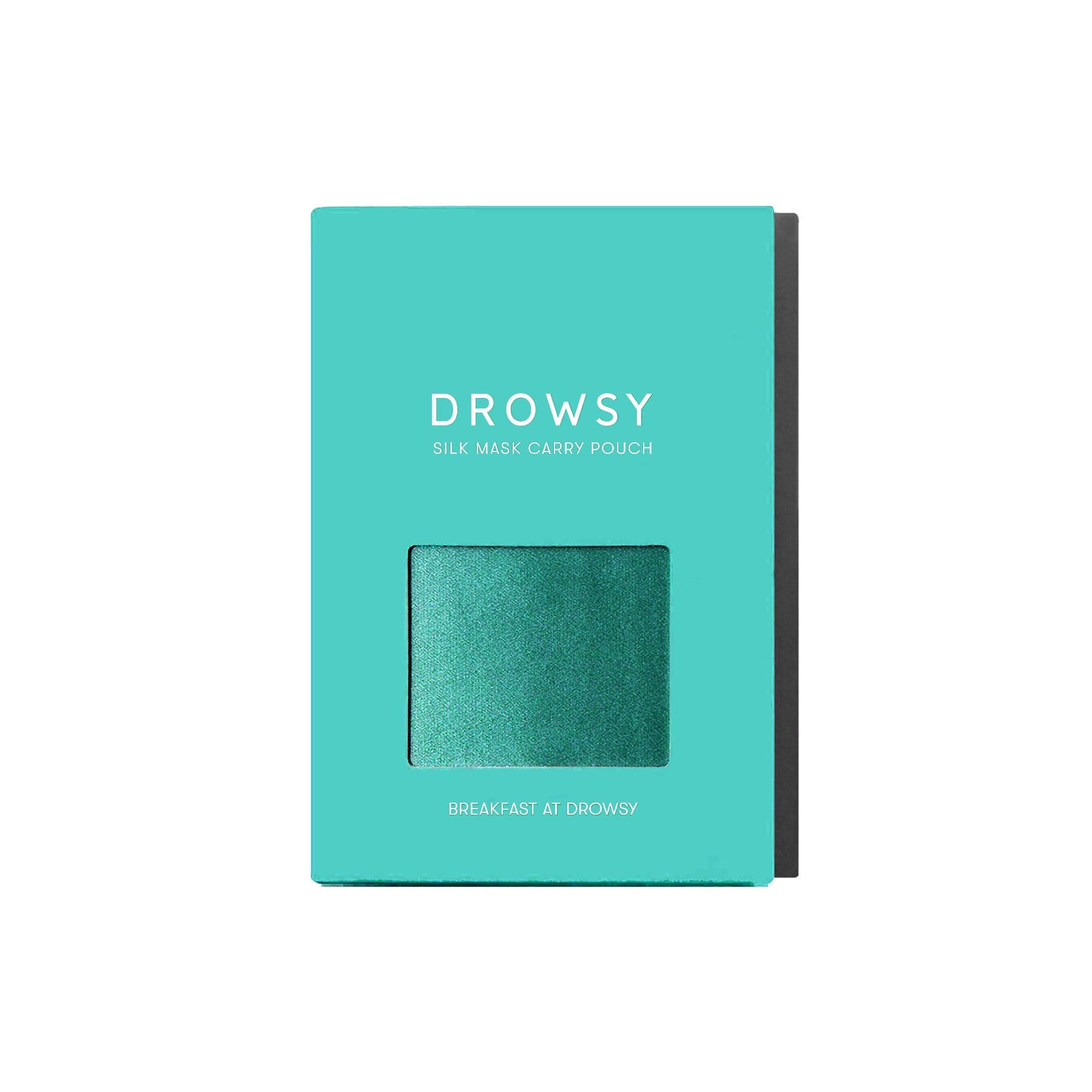 A turquoise drowsysleepco box labeled Breakfast at Drowsy Carry Pouch features a small window displaying a shiny green mulberry silk pouch inside. The box sits against a white background.