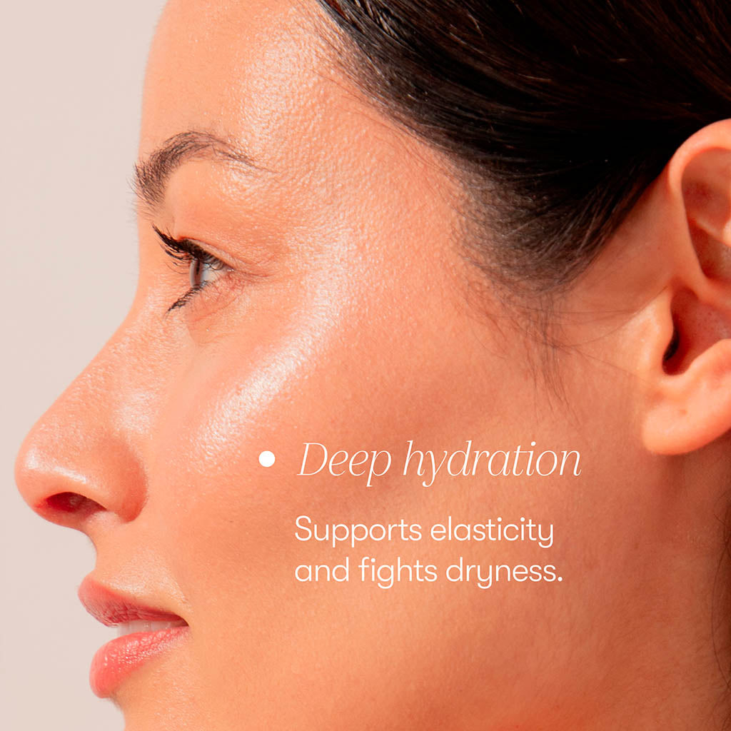 Close-up of a woman’s glowing skin and text: Deep hydration. us.drowsysleepco Supplements - Beauty Sleep Clinic supports elasticity and fights dryness with a restorative sleep supplement.