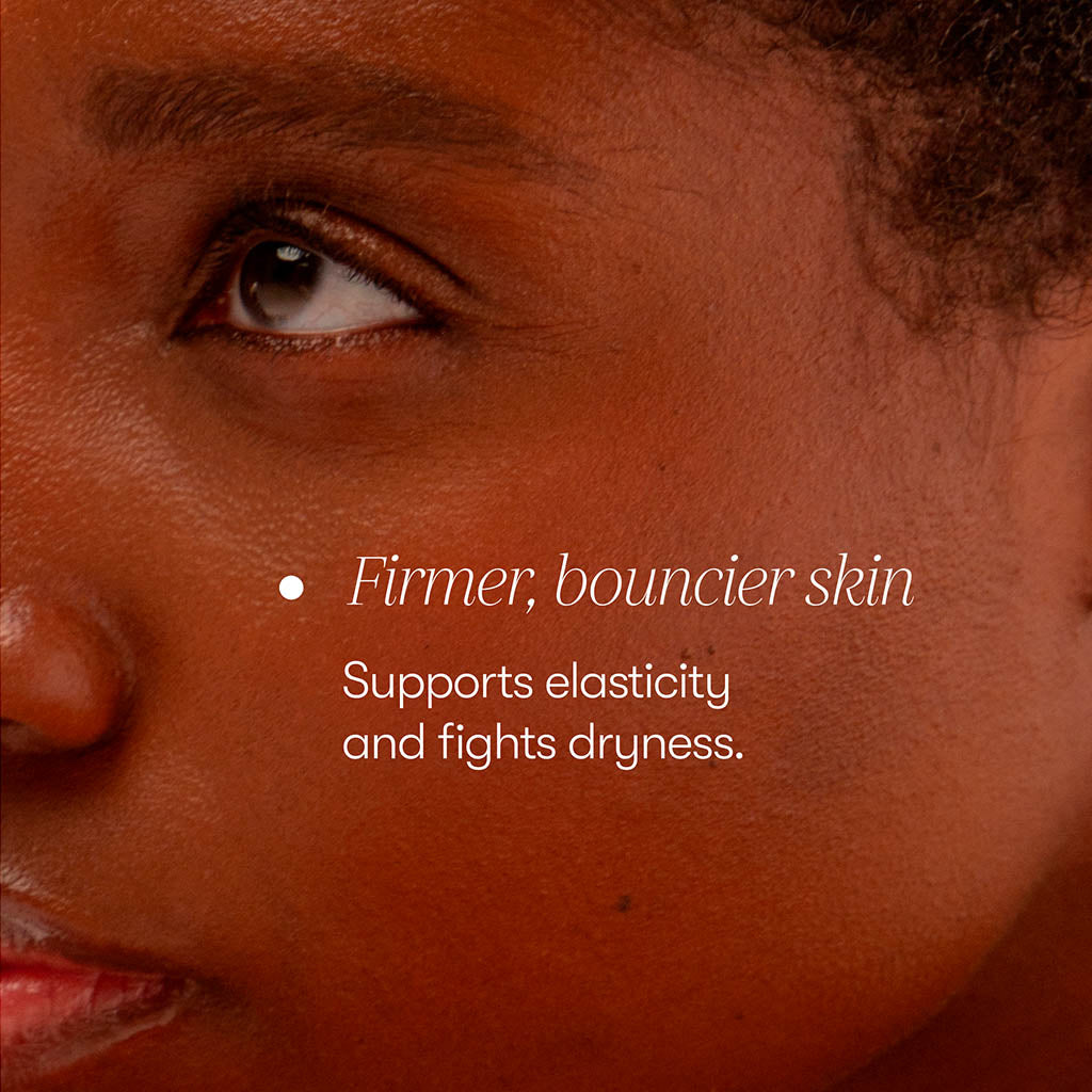 A close-up of a womans smooth, dark skin. Text: Firmer, bouncier skin. Supplements - Beauty Sleep Clinic by us.drowsysleepco supports elasticity and fights dryness for healthy-looking skin.