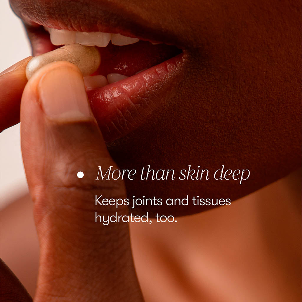 Close-up of a person holding a pill near their lips with text: Supplements - Beauty Sleep Clinic by us.drowsysleepco supports hydrated skin, joints, and tissues—beauty benefits that go more than skin deep.