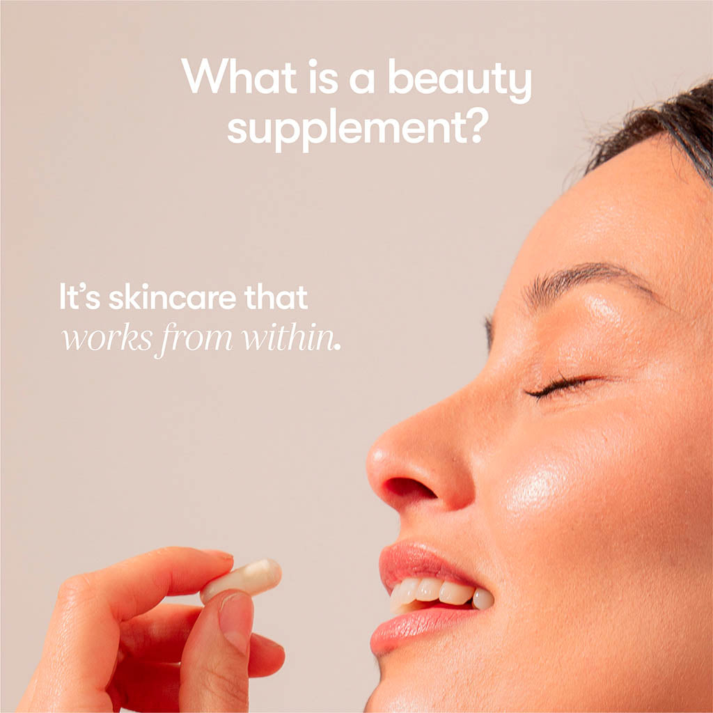 A woman with radiant skin smiles, holding a white capsule near her lips. Text: Supplements - Beauty by us.drowsysleepco boosts collagen synthesis for youthful skin—beauty care that works from within.