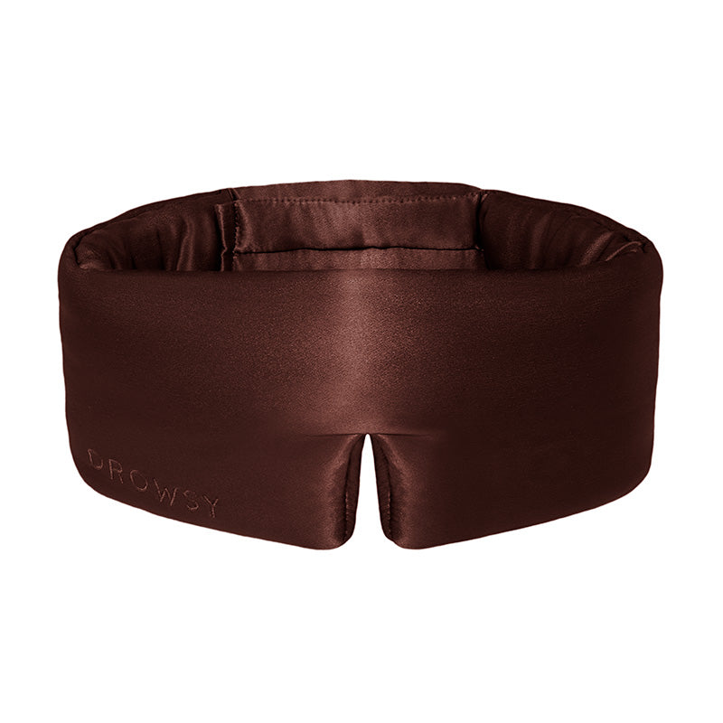 The Cocoa Glow by drowsysleepco is a brown, padded silk sleep mask embroidered with 