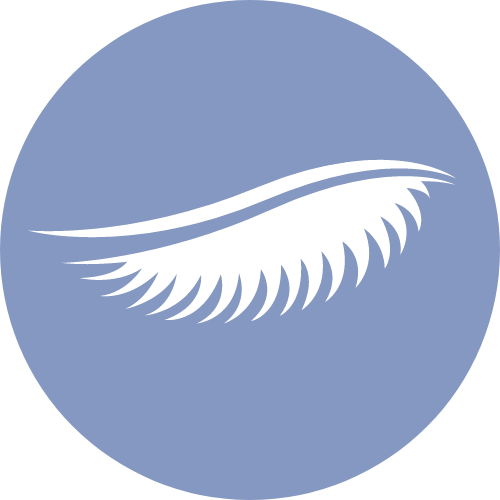 White silhouette of a closed eye with long eyelashes on a muted lavender circular background.