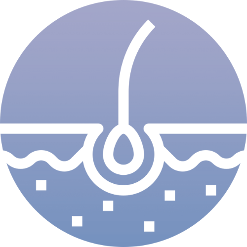 A stylized graphic of a hair follicle in skin, shown in white on a blue and purple gradient circular background, with small white squares representing particles beneath the skin.