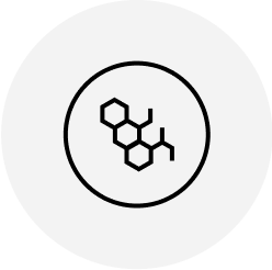 A black hexagonal chemical structure icon inside a black circle, centered on a light gray circular background.