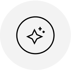 A simple black star-shaped sparkle with two smaller sparkles beside it, all inside a black circle on a light gray circular background.