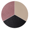 A circular palette divided into three sections: shimmery mauve, matte beige, and matte black makeup powders.