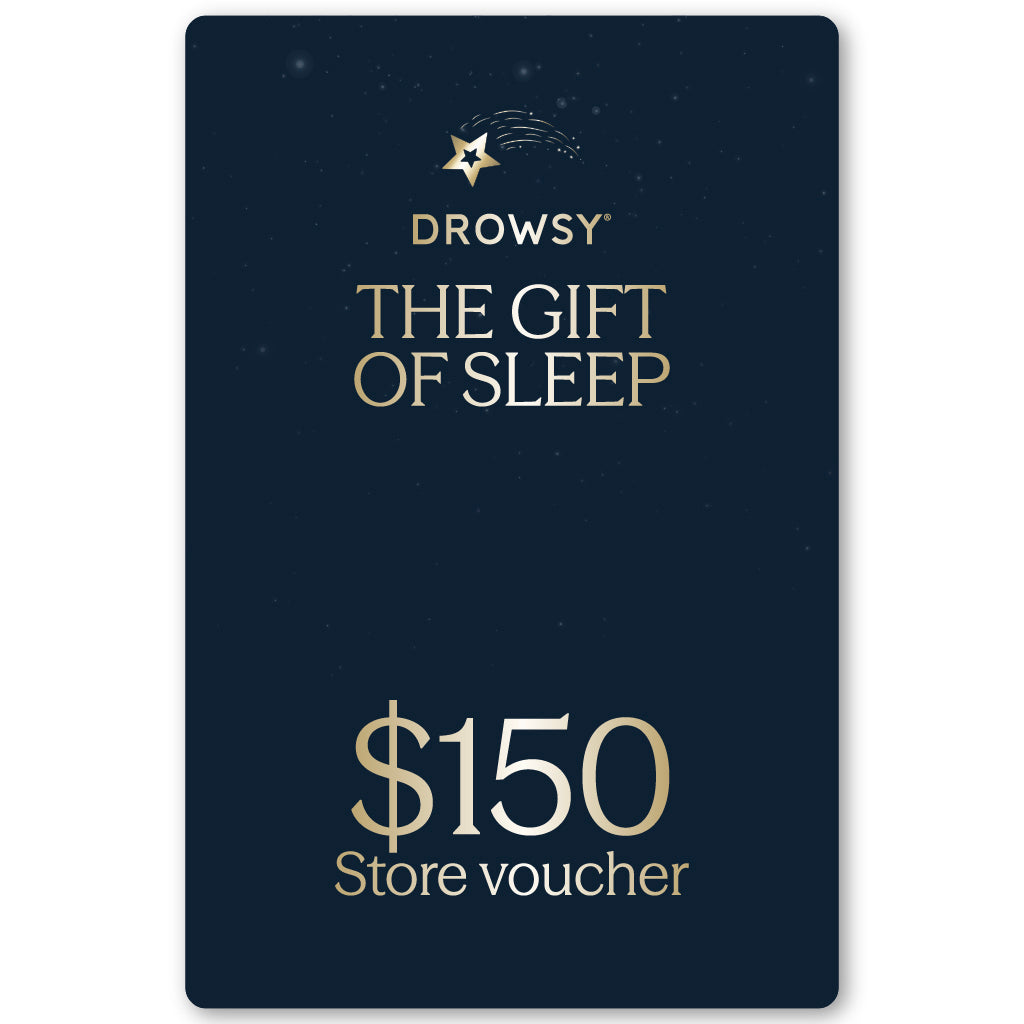 A dark blue Drowsy Sleep Co. Gift Card from us.drowsysleepco with "The Gift of Sleep" and "$150 online store voucher" in gold, plus a shooting star logo at the top.