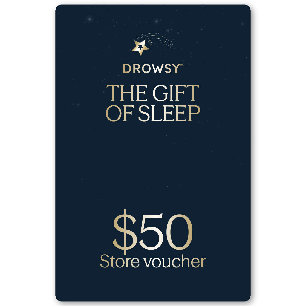 The Drowsy Sleep Co. Gift Card by us.drowsysleepco features a dark blue design with “The Gift of Sleep,” a shooting star logo, and $50 Store Voucher in gold—an elegant online gift card for restful nights.