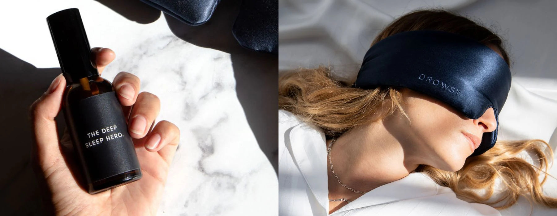 On the left, a hand holds a bottle labeled The Deep Sleep Hero. On the right, a woman wearing a navy sleep mask lies down, her head resting on a pillow in bright sunlight.