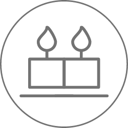 A gray icon showing two potted plants on a table, enclosed in a dotted circle.